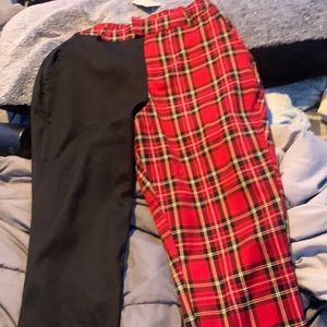 Half black half red plaid pants